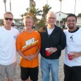 Reef & Run ocean-swim winners Jon Clark (mile), Grant Schroeder (1k) hang out with 1960 Olympic gold medalist Jeff Farrell and his son, Marco, at East Beach.