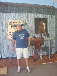 Pat Burns sports a sombrero at Lena's Cafe in Tucumcari, New Mexico