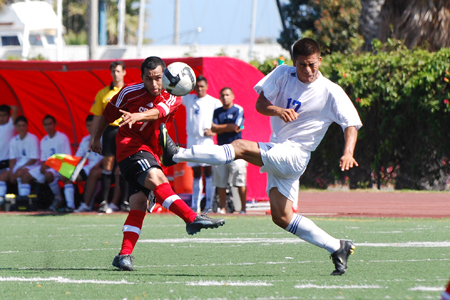 SBCC's Danny Rodriguez blasts a shot past a San Bernardino player in the second half of Tuesday's 2-1 loss.
