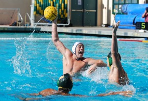 Kevin Cappon takes on a threatening position during Tuesday's Channel League boys water polo clash. 