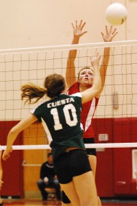 SBCC's Emilia Shugrue at the net for a block