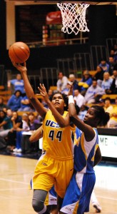 UCSB's Mekia Valentine goes up for a layup against the Bruins. 