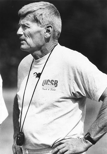 Sam Adams is shown above in 1992, the last of his 34 years as a track-and-field coach at UCSB, where he achieved an international reputation.