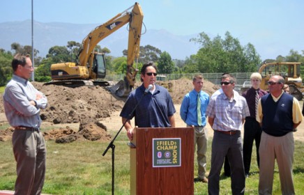 Dave Odell, second to right front row, is on the frontlines of many community athletics projects. UCSB men's soccer coach Tim Vom Steeg speaking here at the ground breaking ceremony for the new turf field at San Marcos High School.