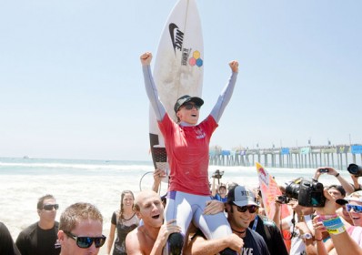 Santa Barbara surfer Lakey Peterson celebrates her victory at the 2012 U.S. Open of Surfing in Huntington Beach. (Lalande/ASP Photo)