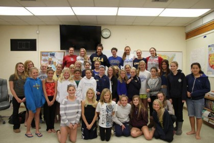 Youth water polo players with the Santa Barbara Aquatics Club spent time with former club players (top row) who are now playing at NCAA Division 1 college programs.