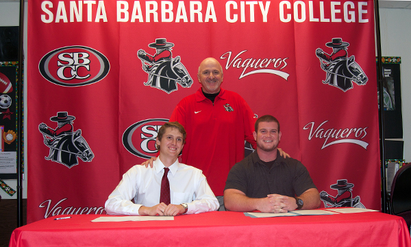 SBCC's Andrew Griffin, left, and Collin Powell, right, with head coach Craig Moropoulos at Wednesday's signing ceremony at SBCC.