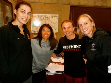 Canitez hanging with the Westmont coaching staff, Selena Ho, Emily Johnson, and Kirsten Moore, in the athletic offices. (Randy Weiss Photo)