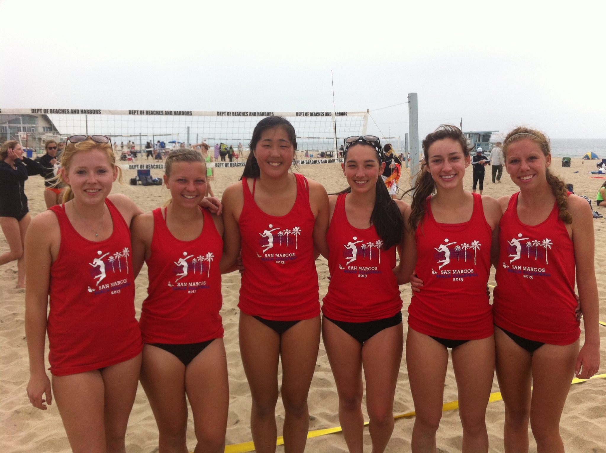 The San Marcos girls beach volleyball team went 2-0 at the first tournament at Playa del Rey. The teams that competed were, from left Clare Holehouse and Anika Wilson; Katie Kim and Andie O'Donnell; Jenny Swanson and Alex Seyle