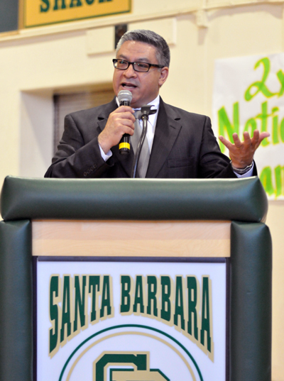 Salud Carbajal speaking at Santa Barbara High on Thursday.