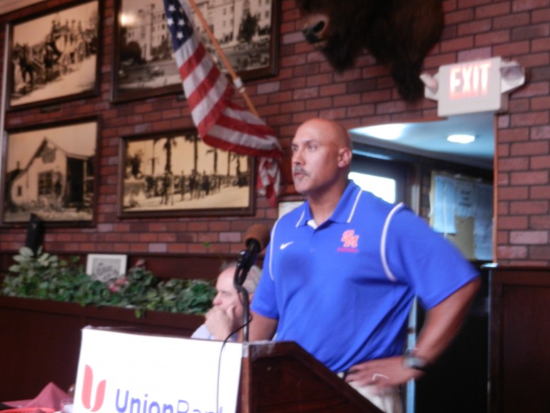 San Marcos football coach Anthony Linebaugh talks about his team's stunning comeback win over Rio Mesa at the first Santa Barbara Athletic Round Table Luncheon of the 2013-14 school year.
