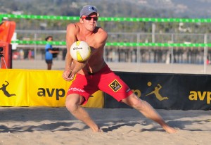 Will Montgomery passes a ball during qualifying match at the AVP Santa Barbara Open.