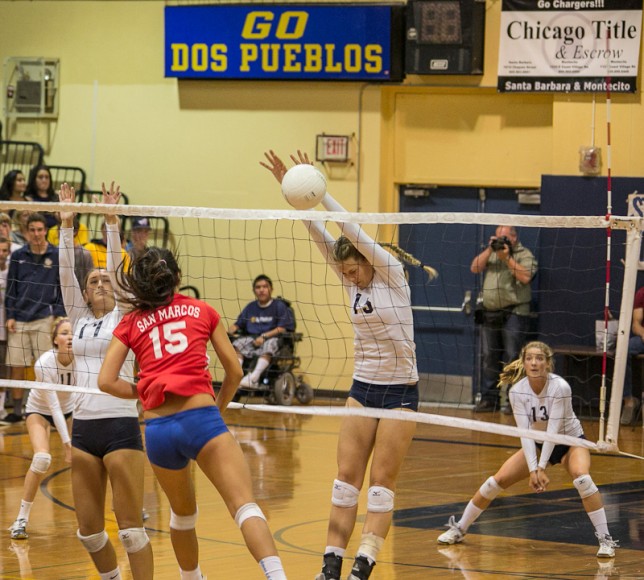 McKenna Goss of DP blocks a spike from San Marcos' opposite Katie Kim.  (Photo Wade the Giant)