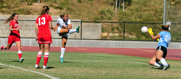 Westmont's Carly Holly blasts a shot that became the Warriors' seventh goal on Saturday.