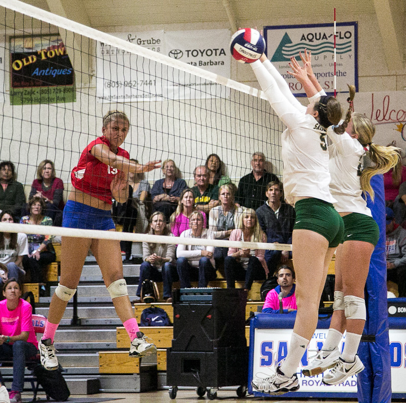 Chloe Allen of San Marcos hits past the Santa Barbara block for one of her 10 kills to help the Royals win in 3 sets. (Photo Wade the Giant)