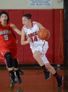 SBCC's Jasmine Mata scores a career-high 26 points in a win over Bakersfield. (Photo by Ken Scilia