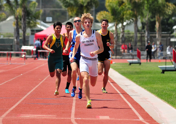 Dos Pueblos' Tyler Bradford approaches the finish line in the boys 800.