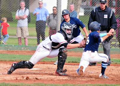 Paddy O'Brien tags out a runner at the plate for SBCC this Spring. (Presidio Sports File Photo)