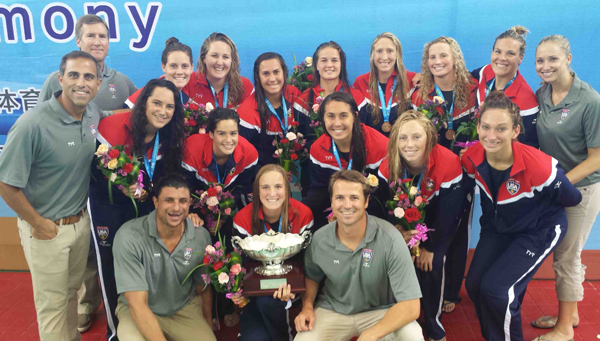 The U.S. Women's Water Polo team includes locals Sami Hill and Kiley Neushul (third, fourth players in top row) and Kami Craig (top row, second on right)