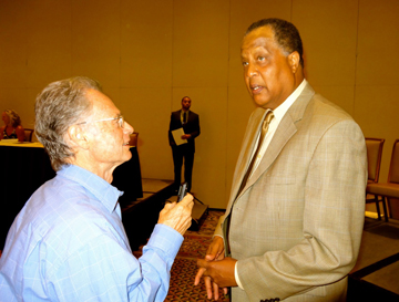 Local sports reporter John Zant interviews Naismith Basketball Hall of Famer and former Santa Barbara Don Jamaal Wilkes