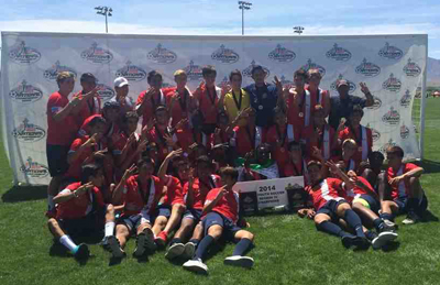Santa Barbara Soccer Club's U18 and U16 teams celebrate together after winning U.S. Youth Soccer Far West Regional championships.