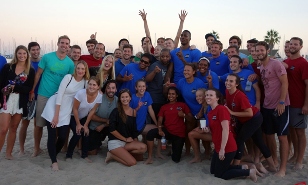 Howard took a group photo after playing in the hour-long kickball game at Santa Barbara's West Beach. 
