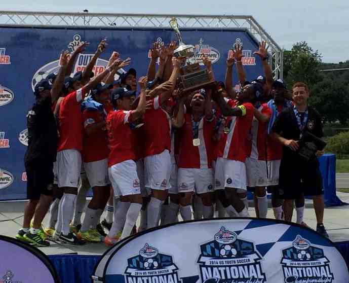 The Santa Barbara Soccer Club's Under-18 boys team celebrates winning the U.S. Youth Soccer National Championship.