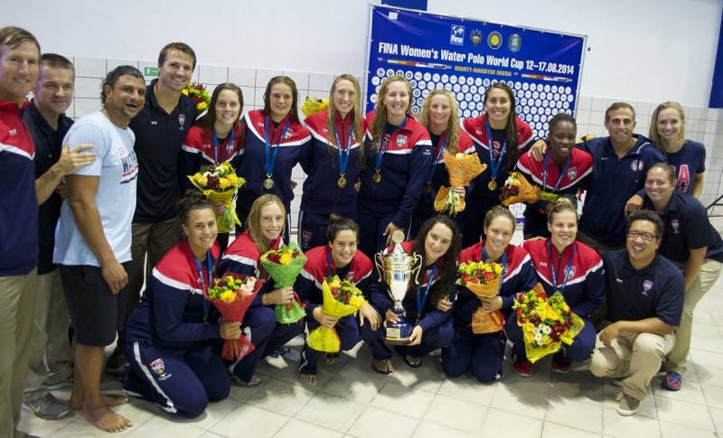 Team USA celebrates after winning the FINA World Cup. Locals Kiley Neushul, Sami Hill and Kami Craig are members of the team.