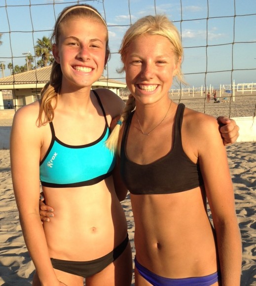 Keara Rutz (right) of Santa Barbara and Sarah Waters celebrate after their victory at the Huntington Beach Pier. 