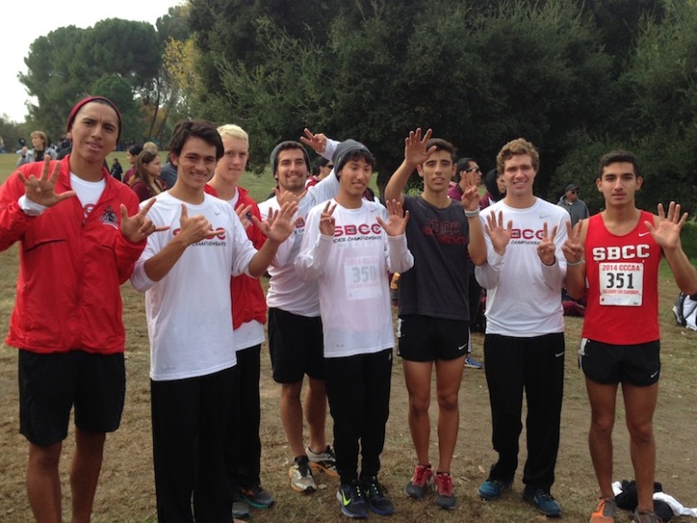 The SBCC men's cross country team celebrates their program-best seventh-place finish at the state championships in Fresno.