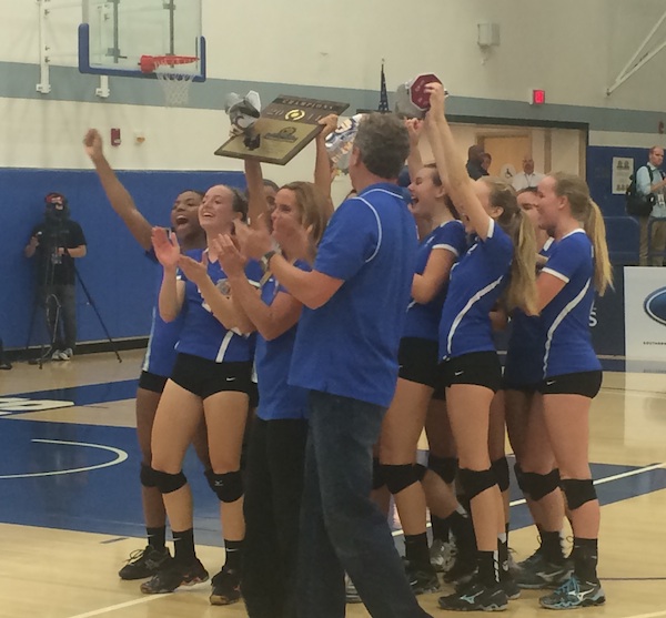 Cate girls volleyball team celebrates winning the school's first CIF volleyball title since 1991.