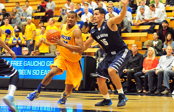 John Green, attacking the basket against San Diego's Thomas Jacobs, had a career-high eight rebounds to go with 10 points for UCSB. (Presidio Sports Photos)