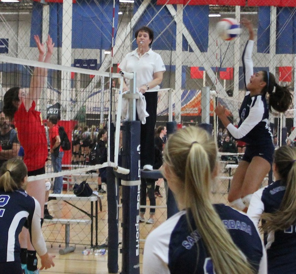 Gabi Peoples takes a big swing on the outside for the Santa Barbara Volleyball Club in a recent SCVA Tournament.