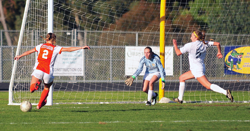 Cypress' Chatum Gee scores the game's first goal on a wide-open look thanks to an assist from Jenna Dages. (Presidio Sports Photos)