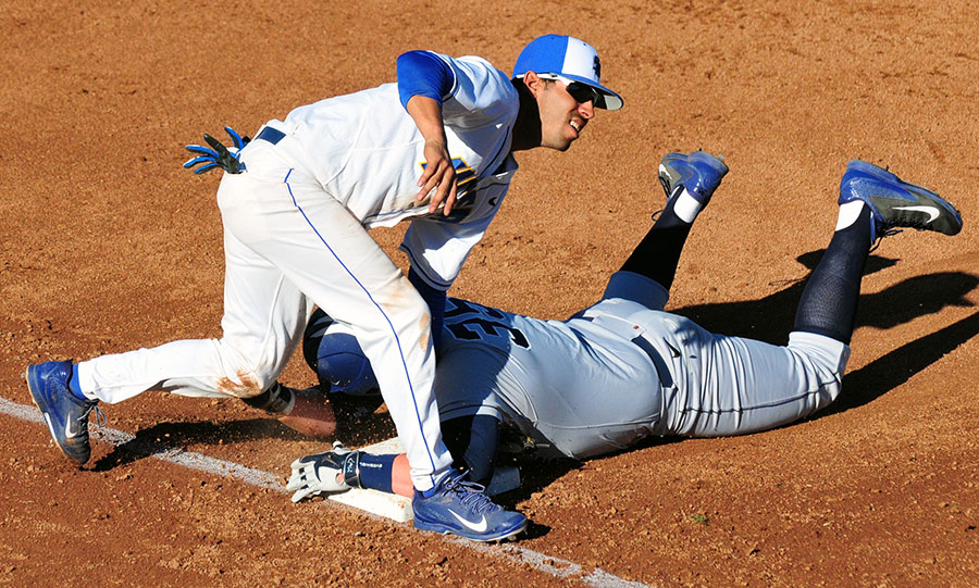 UCSB third baseman Peter Maris tags out BYU baserunner Colton Shaver. (Presidio Sports photos)
