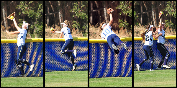 Dos Pueblos' Ali Milam robs Buena's Brooke Yanez of a two-run home run with a spectacular catch in right field on Tuesday.
