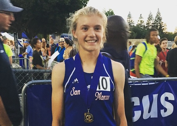 San Marcos sophomore Erica Schroeder wears the gold medal after winning the CIF State Championship in the girls 800 meters.