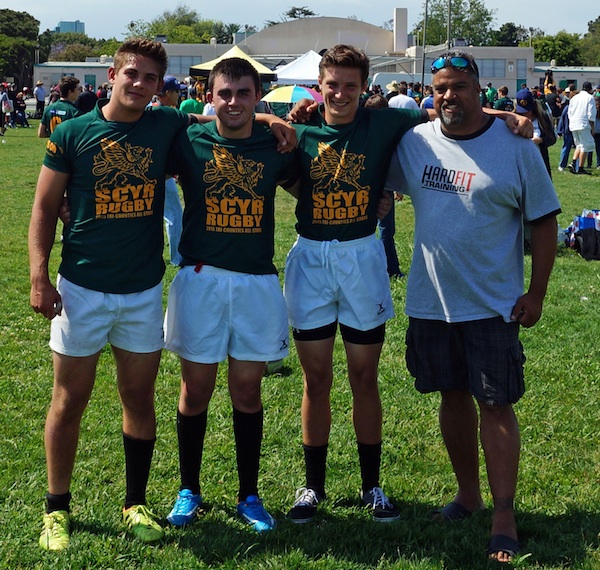 Members of the Santa Barbara Stingrays selected to play in the USA Rugby Regional Tournament include, from left,  Chris Noggle, Jalen Siegel and Ryan Broumand. Not pictured is Tommy McGregor. The director of the Stingrays is Darin Siegel.