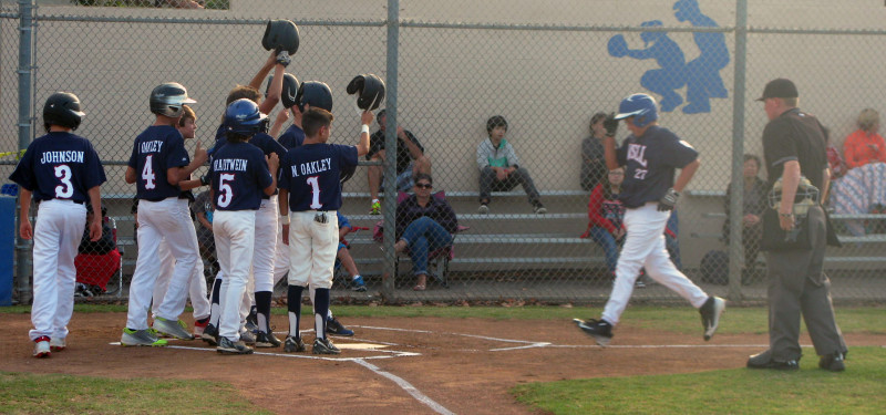 GVSLL 12U All-stars salute Henry Manfredonia (#27) after his 3-run blast to open scoring in the first. GVSLL went on to beat Carpenteria 20-0 and complete a 6-0 pool play sweep.