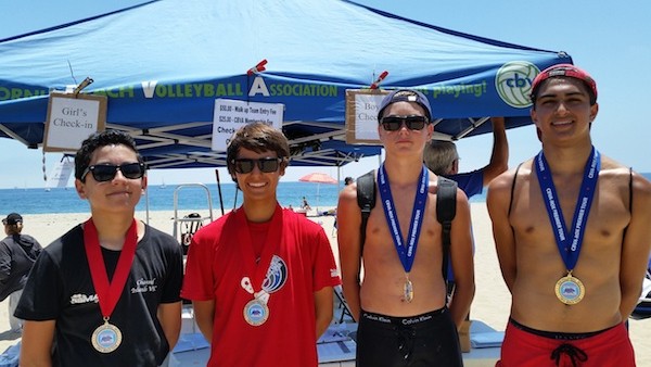 The 16U finalists, from left: Chad Talaugon/Kyle Cobian (runners-up) and champions Ben Roach/Curren Malhotra. 
