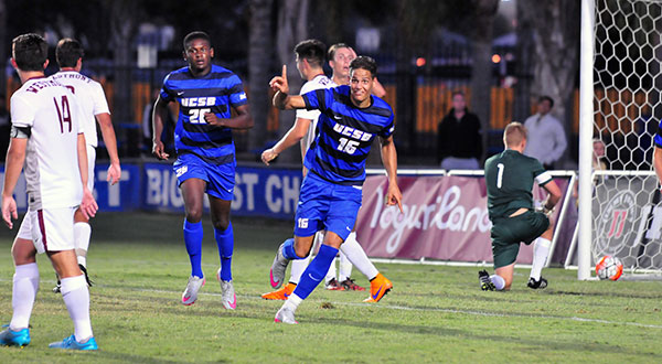 Kevin Feucht celebrates scoring UCSB's third goal of the game.