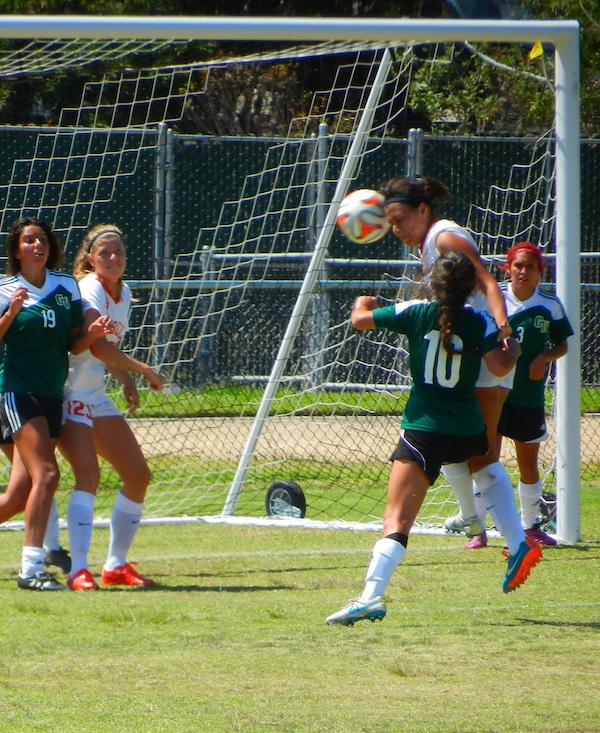 Steph Romero of SBCC heads in the second goal off a corner kick.