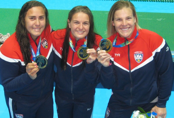 Sami HIll, left, Kiley Neushul and Kami Craig show off their gold medals from the FINA Women's Water Polo World Championships. The local trio won three golds this year, taking titles in the World League, Pan American Games and World Championships.