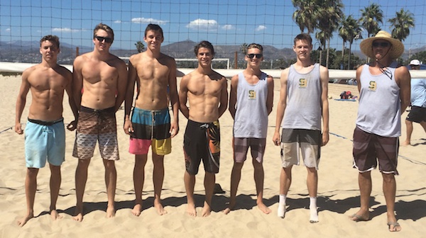 The Santa Barbara High boys beach volleyball team is, from left: Cord Pereira, JM Cage, Bolden Brace, Rowan Peake, Piper Davis, Henry Hancock and coach John Hancock. (Photo by Chad Arneson) 