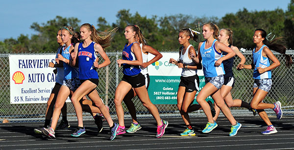 Dos Pueblos' Christina Rice, second to right, stayed behind the leaders at the start. (Presidio Sports Photos)