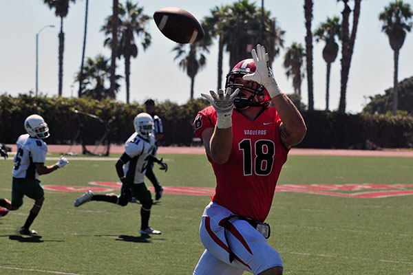Santa Barbara City College's Jacob Ortale catches a pass for a first down on Saturday. (Presidio Sports Photos)